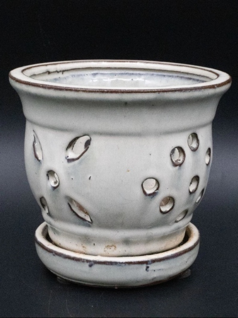 5" White Ceramic Orchid Pot Planter w/ Attached Saucer - Handmade Pottery